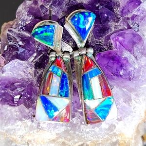 SOLD Women's 925 Red, Blue & White High Grade AAA Fire Opal Earrings. 1.25" long